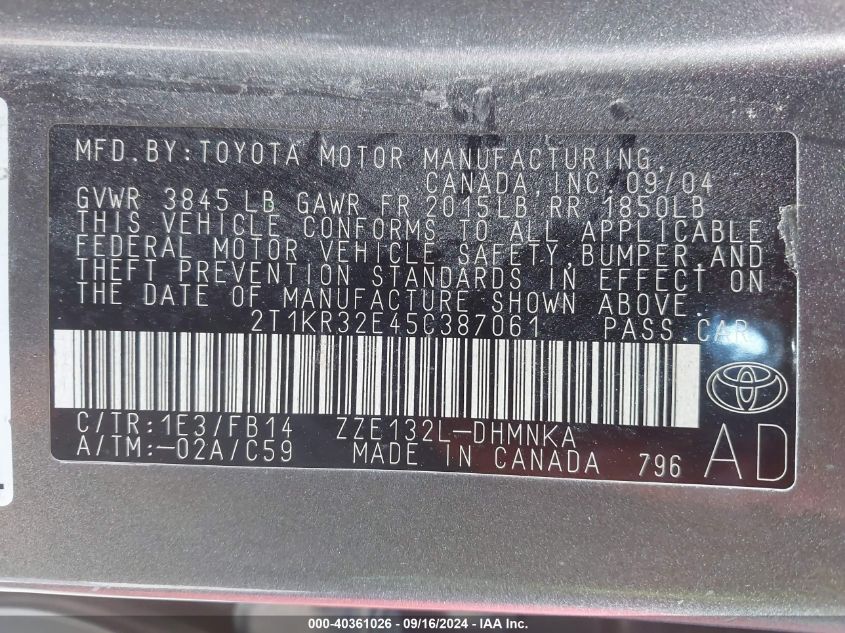 2T1KR32E45C387061 2005 Toyota Matrix Xr