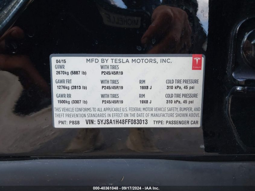 2015 Tesla Model S 85D/P85D VIN: 5YJSA1H48FF083013 Lot: 40361048