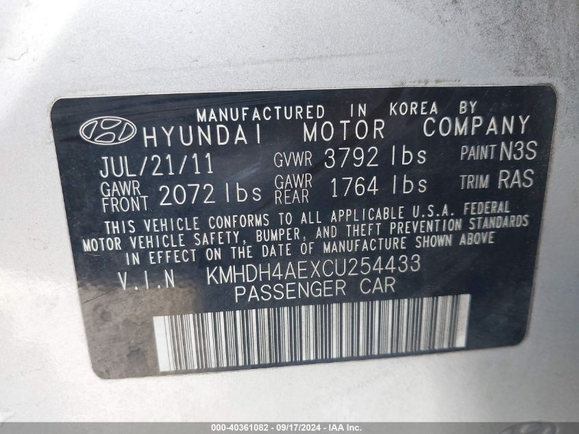 KMHDH4AEXCU254433 2012 Hyundai Elantra Limited (Ulsan Plant)