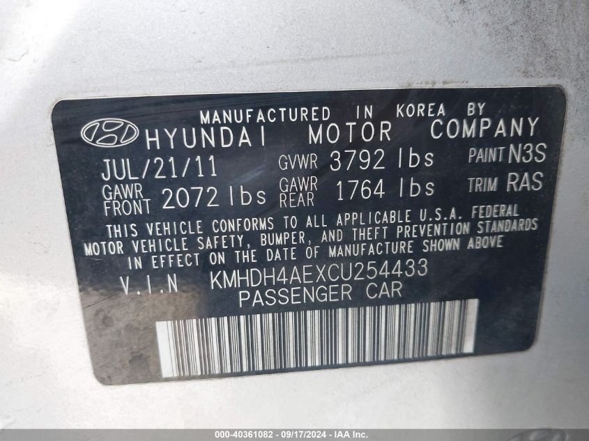 2012 Hyundai Elantra Limited (Ulsan Plant) VIN: KMHDH4AEXCU254433 Lot: 40361082