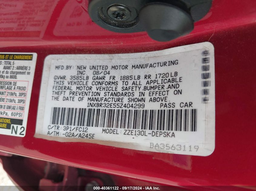 2005 Toyota Corolla S VIN: 1NXBR32E55Z404299 Lot: 40361122