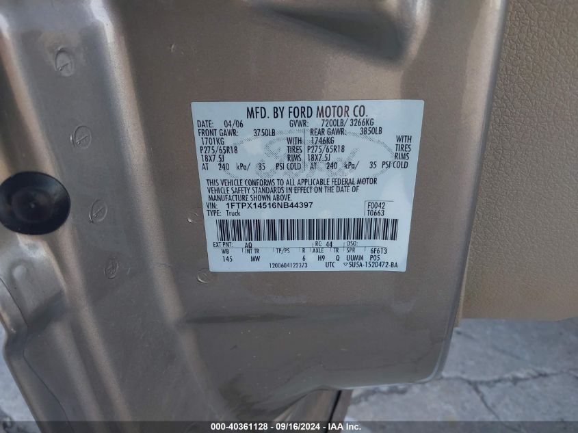 1FTPX14516NB44397 2006 Ford F-150 Fx4/Lariat/Xl/Xlt