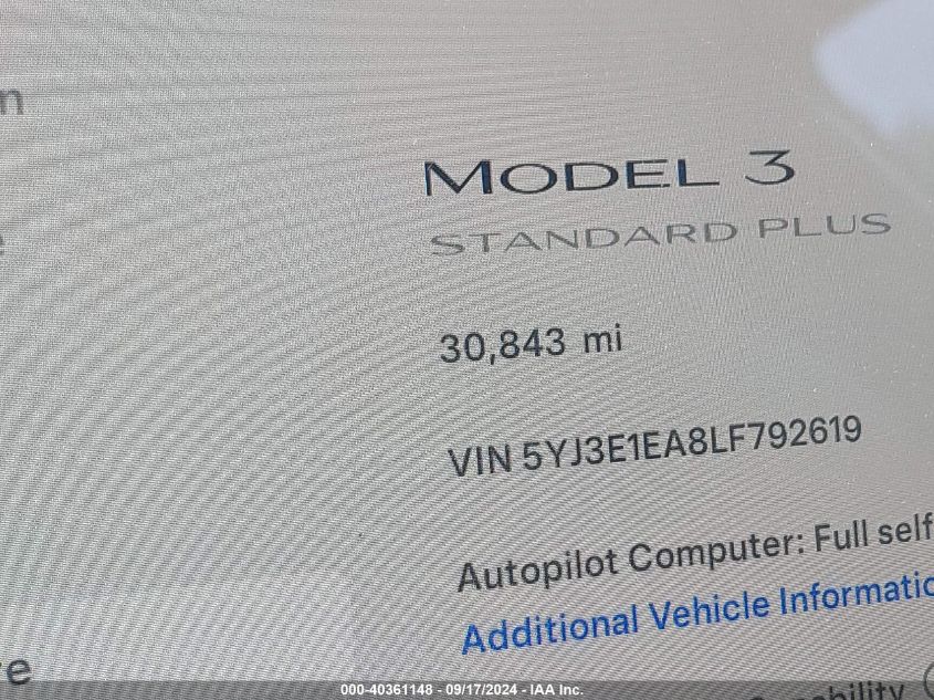 2020 Tesla Model 3 Standard Range Plus Rear-Wheel Drive/Standard Range Rear-Wheel Drive VIN: 5YJ3E1EA8LF792619 Lot: 40361148