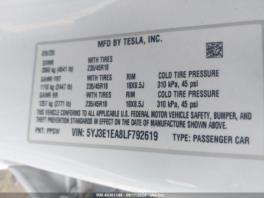 2020 Tesla Model 3 Standard Range Plus Rear-Wheel Drive/Standard Range Rear-Wheel Drive VIN: 5YJ3E1EA8LF792619 Lot: 40361148