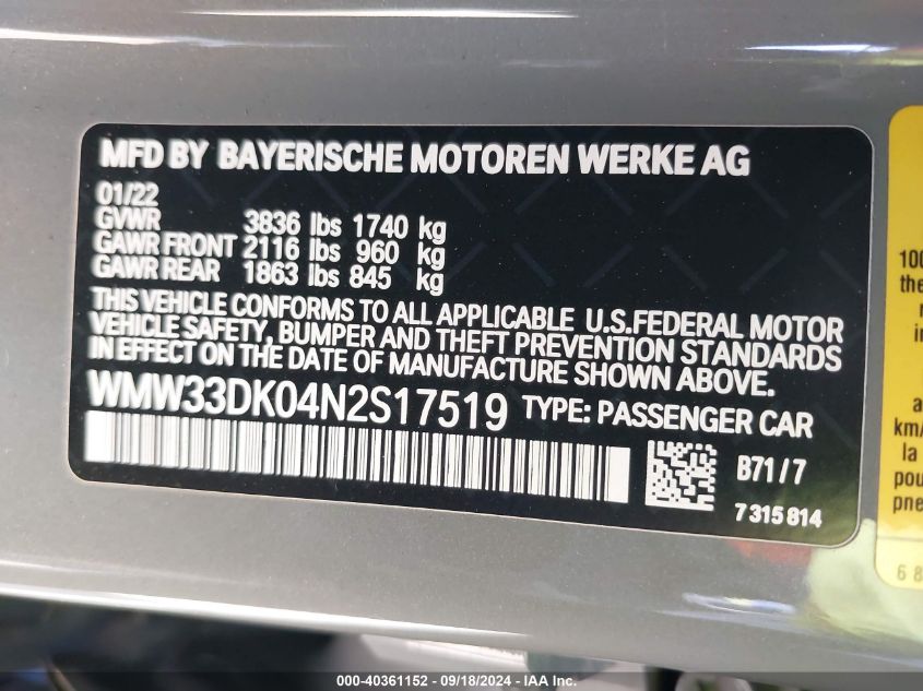 2022 Mini Hardtop Cooper VIN: WMW33DK04N2S17519 Lot: 40361152