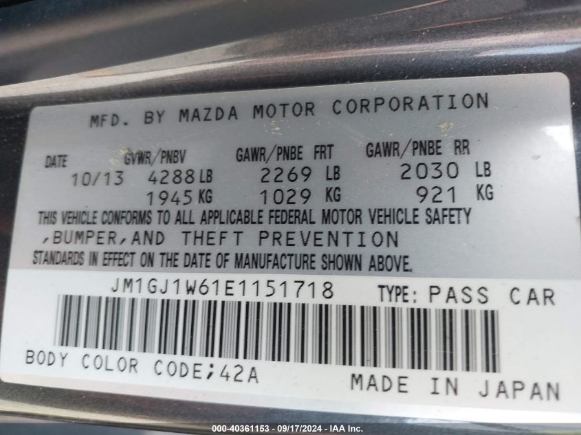 2014 Mazda Mazda6 I Grand Touring VIN: JM1GJ1W61E1151718 Lot: 40361153