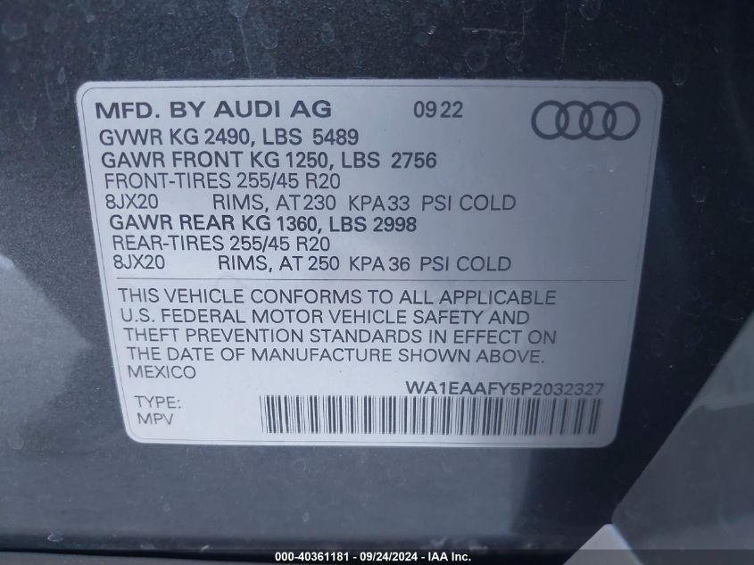 2023 Audi Q5 Premium Plus 45 VIN: WA1EAAFY5P2032327 Lot: 40361181