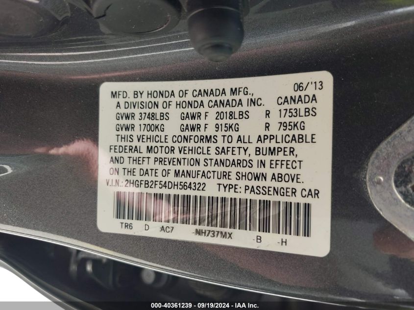 2HGFB2F54DH564322 2013 Honda Civic Lx