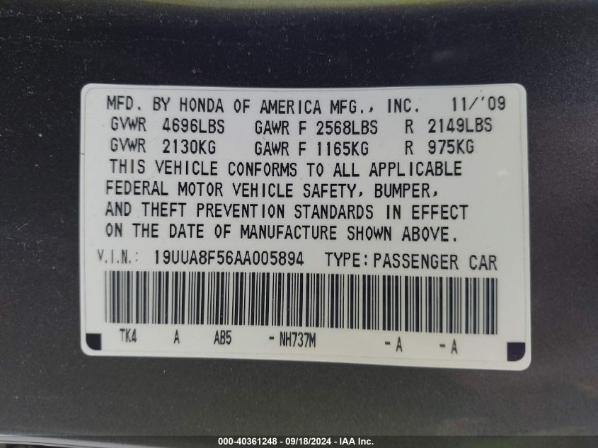 2010 Acura Tl 3.5 VIN: 19UUA8F56AA005894 Lot: 40361248