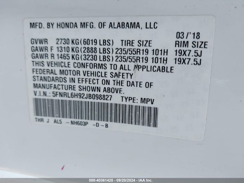 5FNRL6H92JB098827 2018 Honda Odyssey Elite