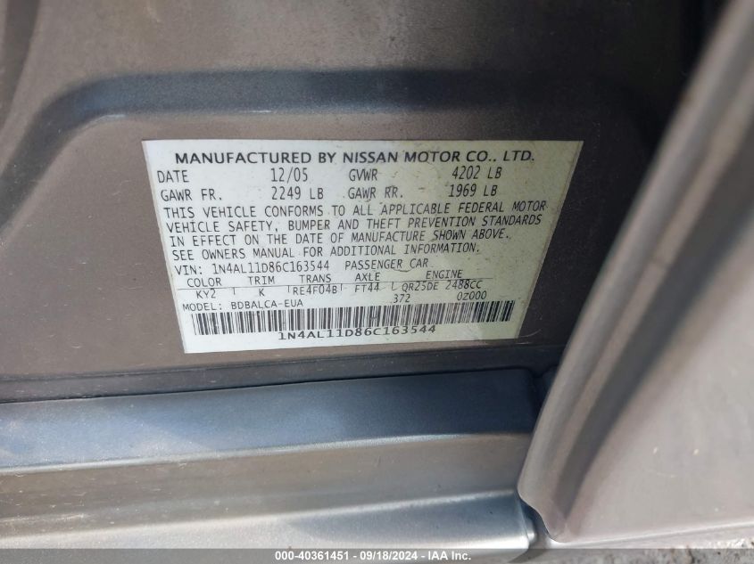 1N4AL11D86C163544 2006 Nissan Altima 2.5 S