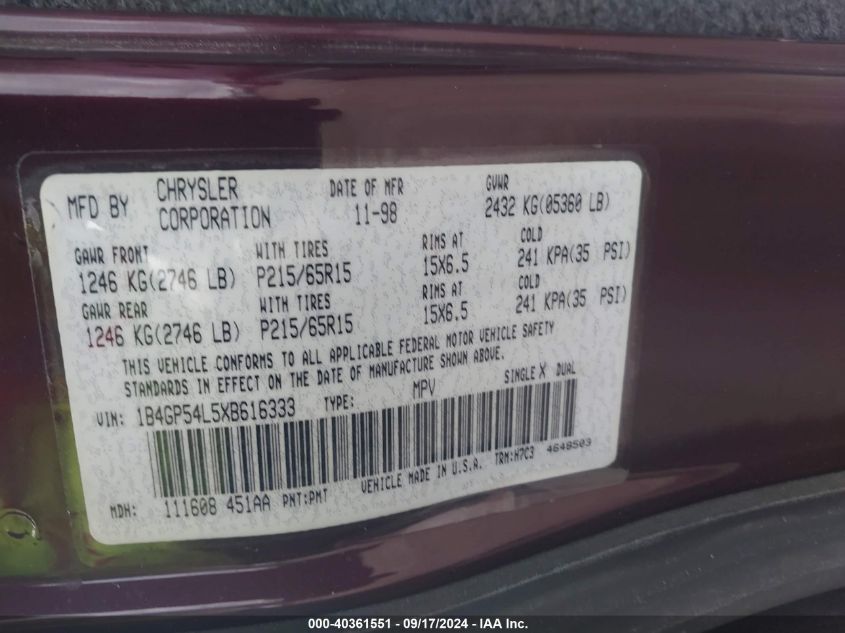 1B4GP54L5XB616333 1999 Dodge Grand Caravan Le