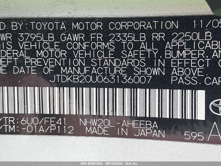 2006 Toyota Prius VIN: JTDKB20U063136007 Lot: 40361553