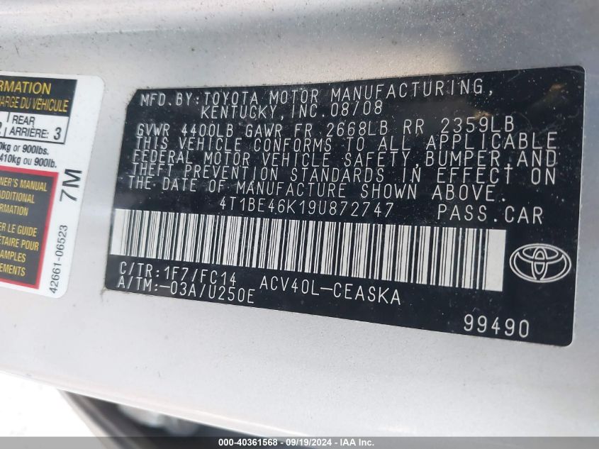 4T1BE46K19UA72747 2009 Toyota Camry Le/Se/Xle