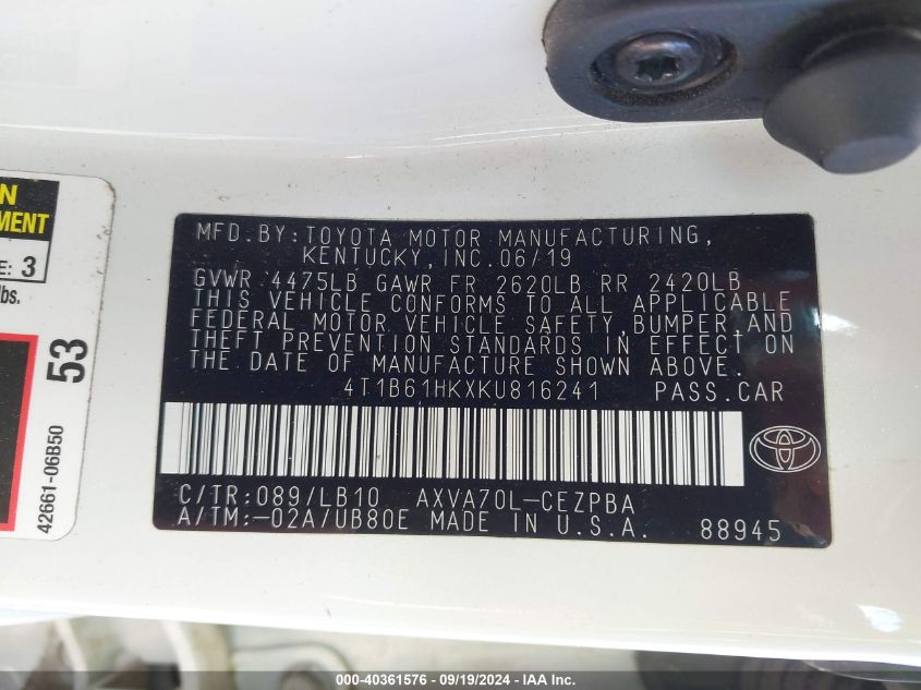 4T1B61HKXKU816241 2019 Toyota Camry Xse