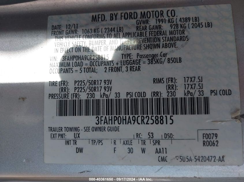 2012 Ford Fusion Se VIN: 3FAHP0HA9CR258815 Lot: 40361650