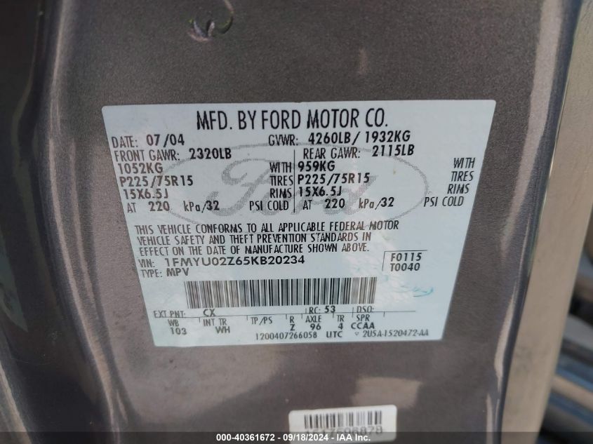 1FMYU02Z65KB20234 2005 Ford Escape Xls