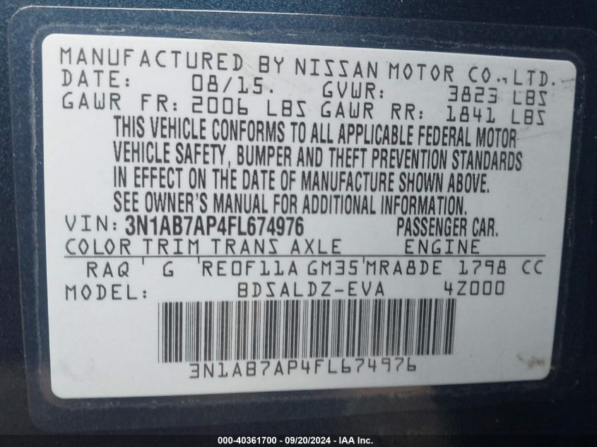 3N1AB7AP4FL674976 2015 Nissan Sentra Sv