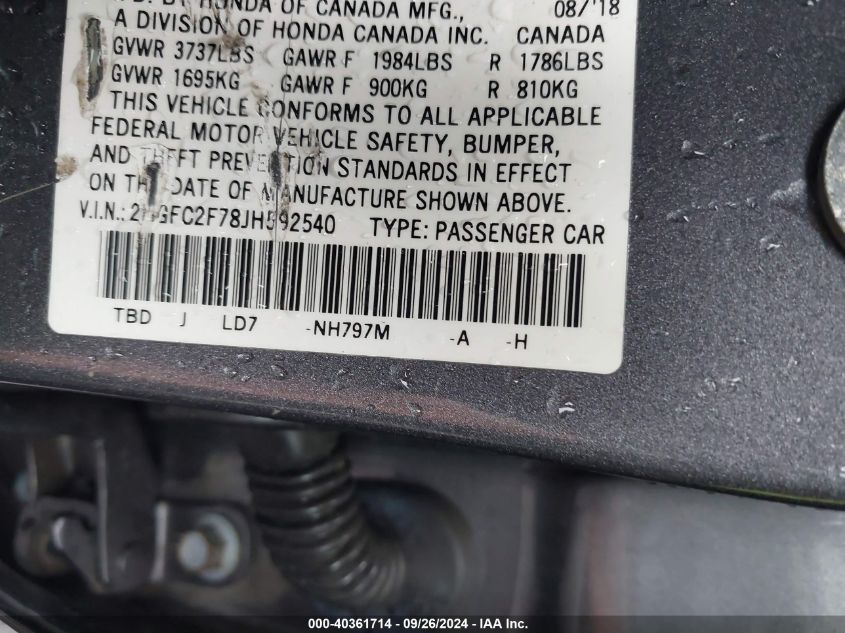 2HGFC2F78JH592540 2018 Honda Civic Ex