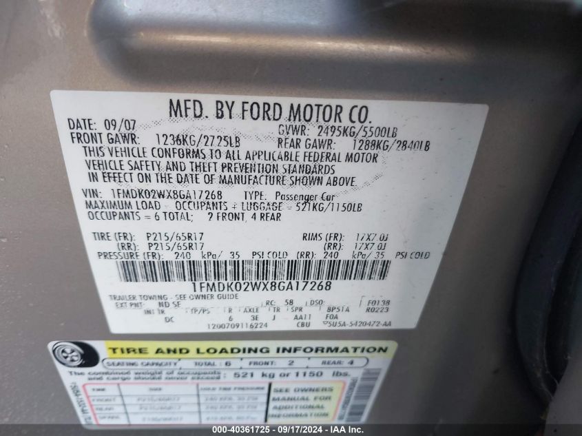 1FMDK02WX8GA17268 2008 Ford Taurus X Sel