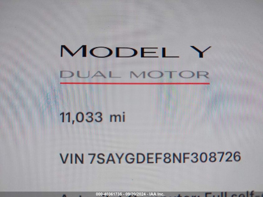 2022 Tesla Model Y Performance Dual Motor All-Wheel Drive VIN: 7SAYGDEF8NF308726 Lot: 40361735