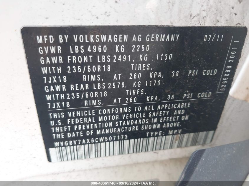 2012 Volkswagen Tiguan Se VIN: WVGBV7AX6CW507173 Lot: 40361748