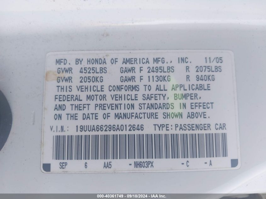 19UUA66296A012646 2006 Acura 3.2Tl