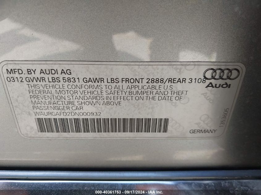 2013 Audi A8 L 3.0T VIN: WAURGAFD2DN000932 Lot: 40361753