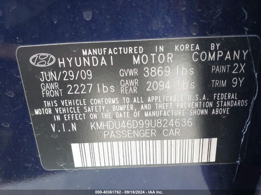 2009 Hyundai Elantra Se VIN: KMHDU46D99U824636 Lot: 40361762