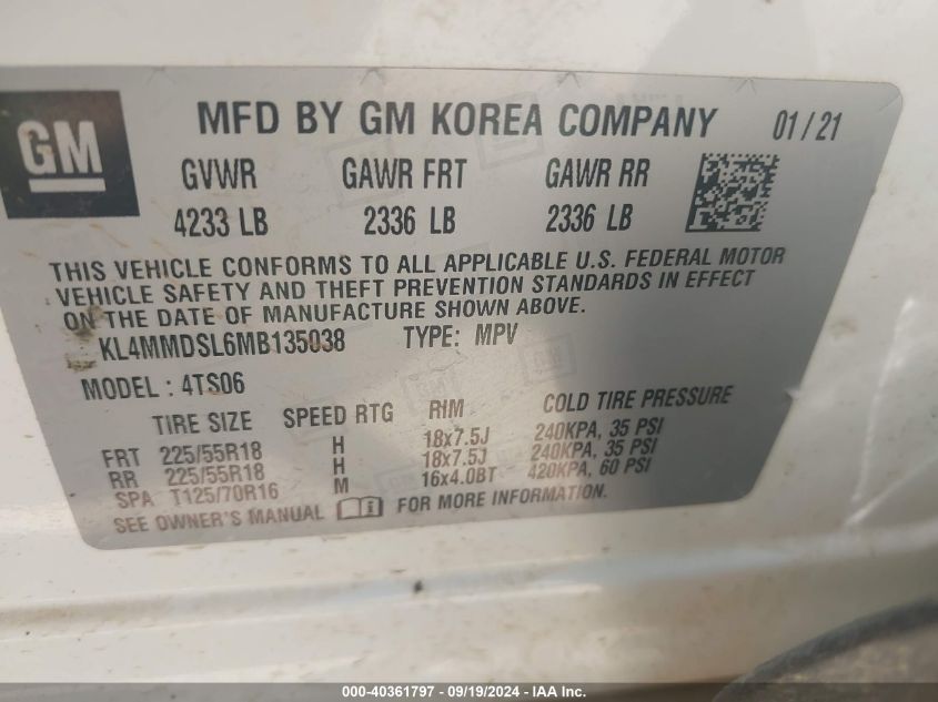 2021 Buick Encore Gx Fwd Select VIN: KL4MMDSL6MB135038 Lot: 40361797