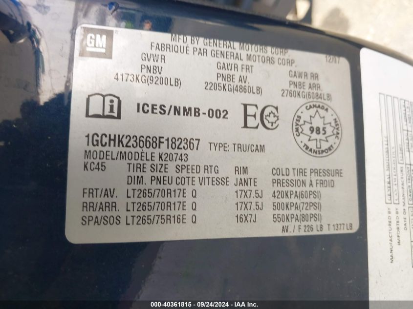 1GCHK23668F182367 2008 Chevrolet Silverado 2500Hd Lt1/Lt2/Ltz/Work Truck
