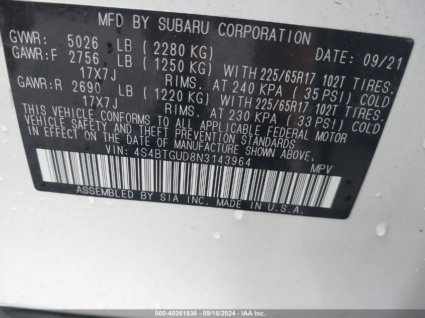 4S4BTGUD8N3143964 2022 Subaru Outback Wilderness