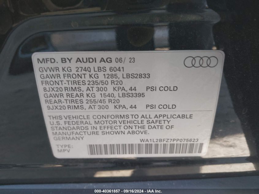 2023 Audi Q4 E-Tron Premium Plus 50 Quattro VIN: WA1L2BFZ7PP075623 Lot: 40361857