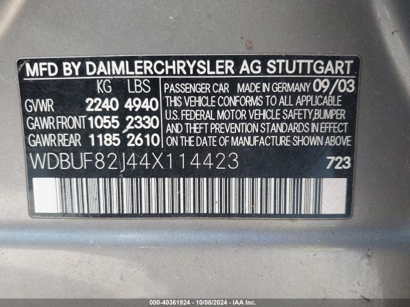 2004 Mercedes-Benz E 320 4Matic VIN: WDBUF82J44X114423 Lot: 40361924