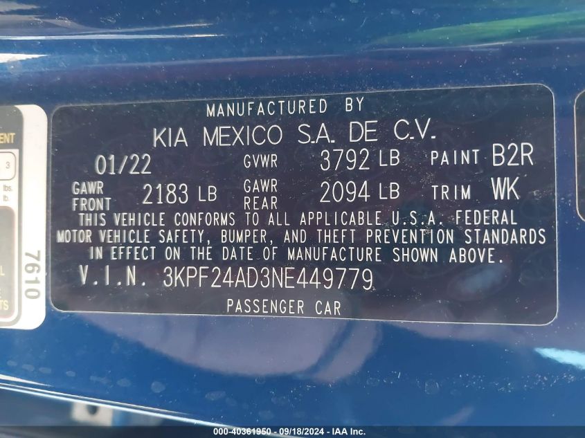 2022 Kia Forte Lxs VIN: 3KPF24AD3NE449779 Lot: 40361950