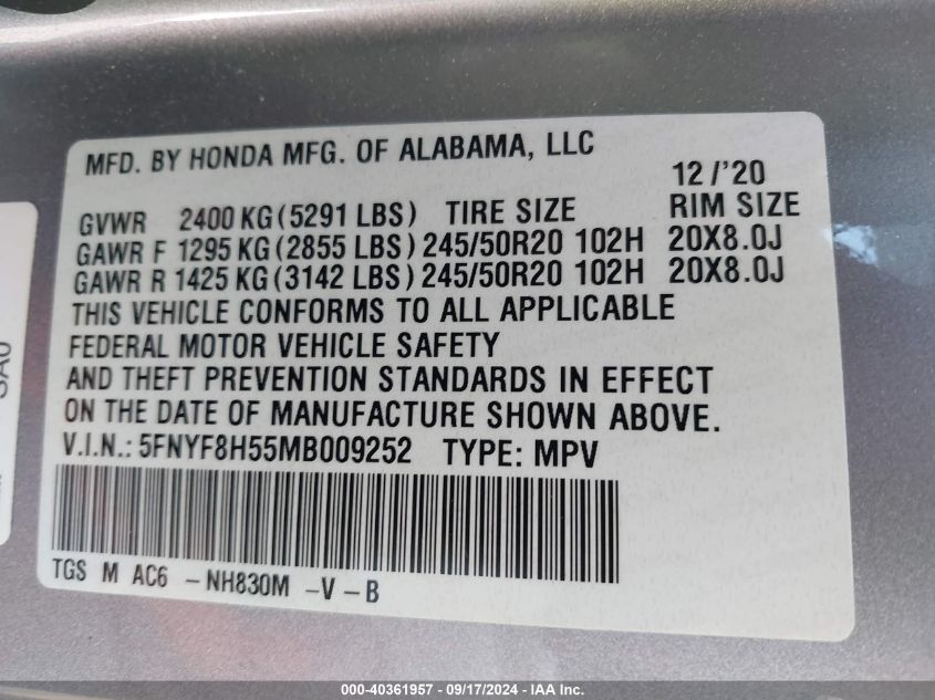 2021 Honda Passport Awd Ex-L VIN: 5FNYF8H55MB009252 Lot: 40361957