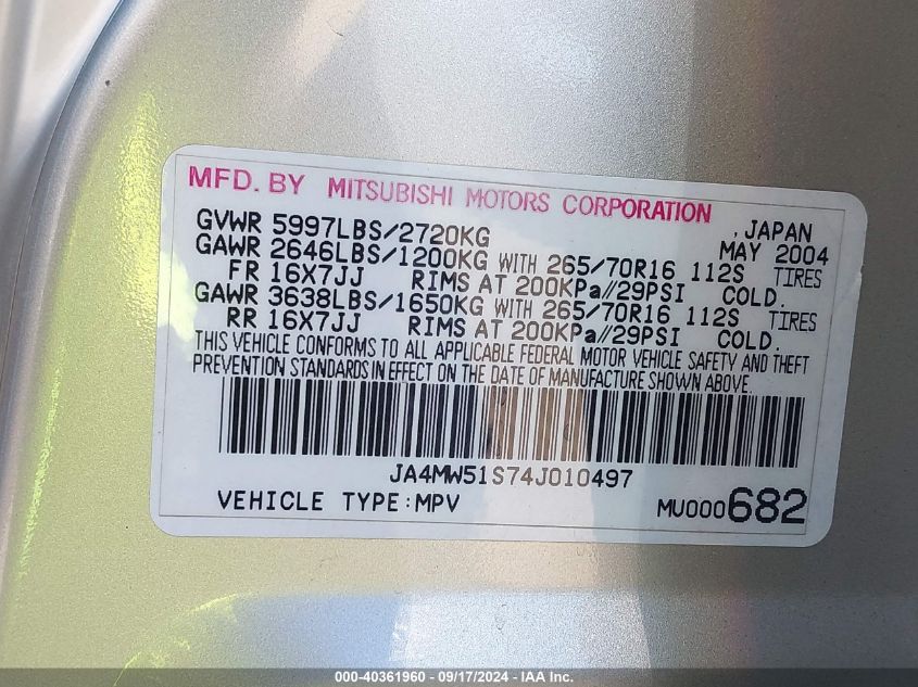 JA4MW51S74J010497 2004 Mitsubishi Montero Xls