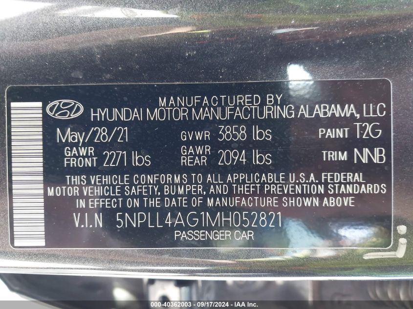 2021 Hyundai Elantra Se VIN: 5NPLL4AG1MH052821 Lot: 40362003