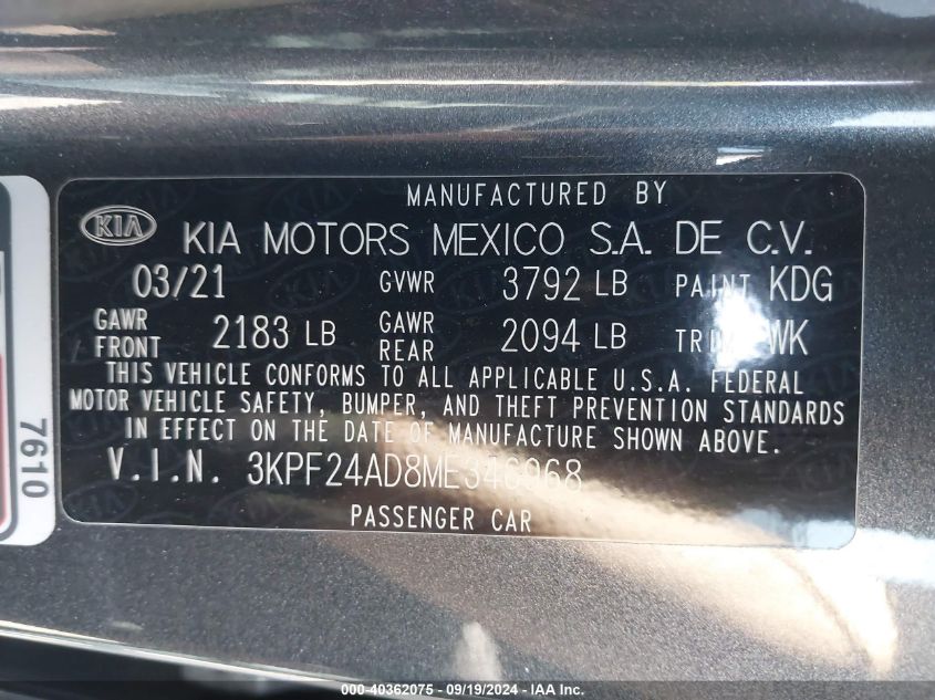 2021 Kia Forte Lxs VIN: 3KPF24AD8ME346968 Lot: 40362075