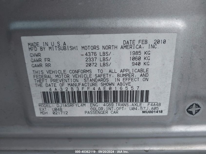 2010 Mitsubishi Galant Es/Se VIN: 4A32B3FF4AE016557 Lot: 40362119