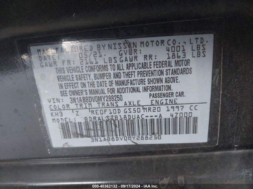 2021 Nissan Sentra Sr Xtronic Cvt VIN: 3N1AB8DV0MY288250 Lot: 40362132