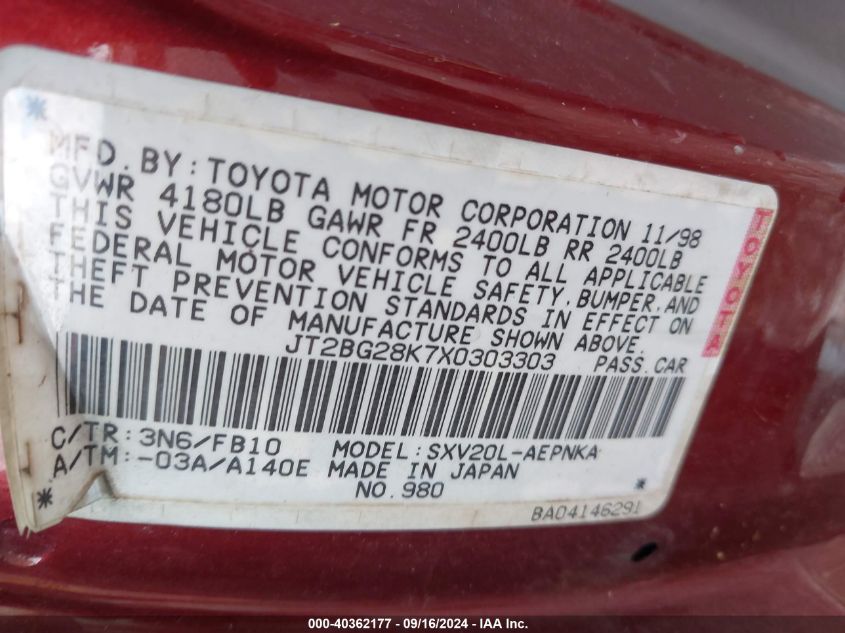 JT2BG28K7X0303303 1999 Toyota Camry Le