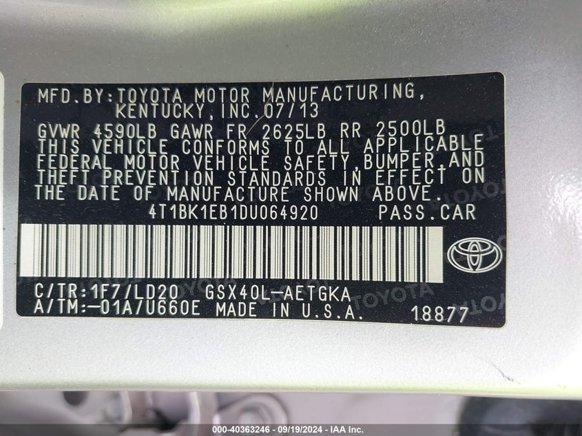 2013 TOYOTA AVALON XLE - 4T1BK1EB1DU064920