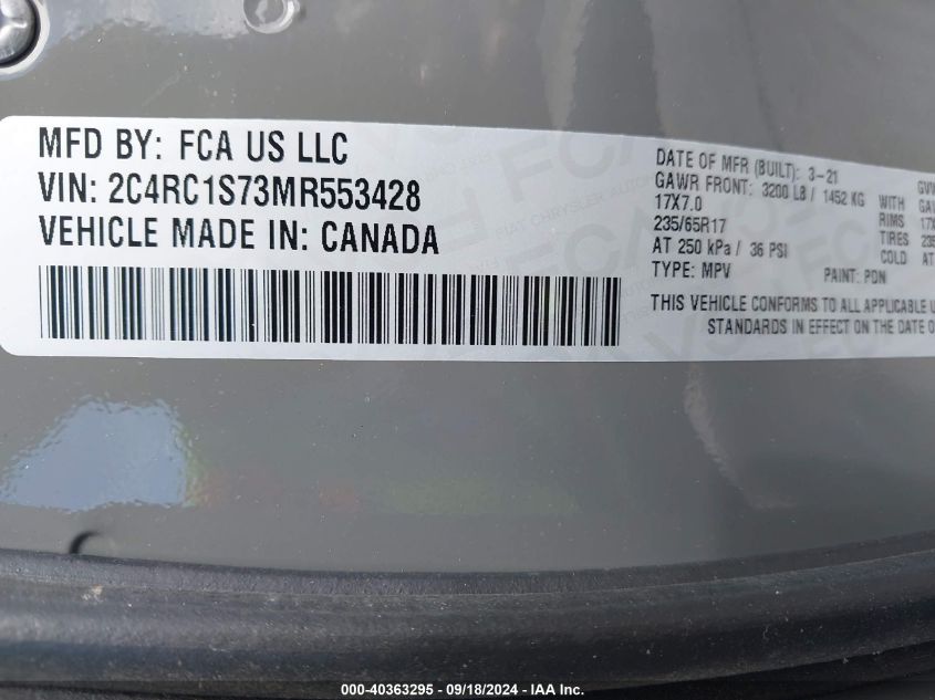 2021 Chrysler Pacifica Hybrid Limited VIN: 2C4RC1S73MR553428 Lot: 40363295