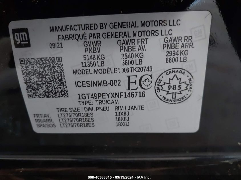 2022 GMC Sierra 2500Hd 4Wd Long Bed At4/4Wd Standard Bed At4 VIN: 1GT49PEYXNF146716 Lot: 40363315