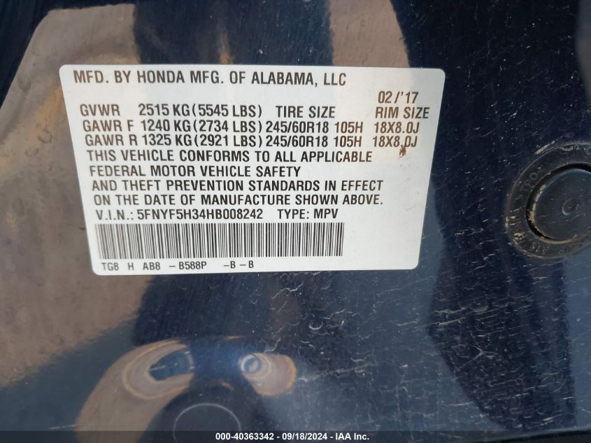 5FNYF5H34HB008242 2017 Honda Pilot Ex