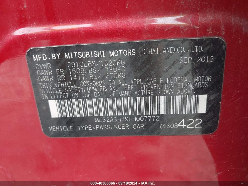 ML32A3HJ9EH007772 2014 Mitsubishi Mirage De