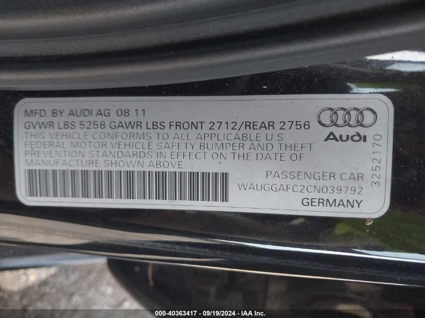 2012 Audi A6 3.0 Premium VIN: WAUGGAFC2CN039792 Lot: 40363417