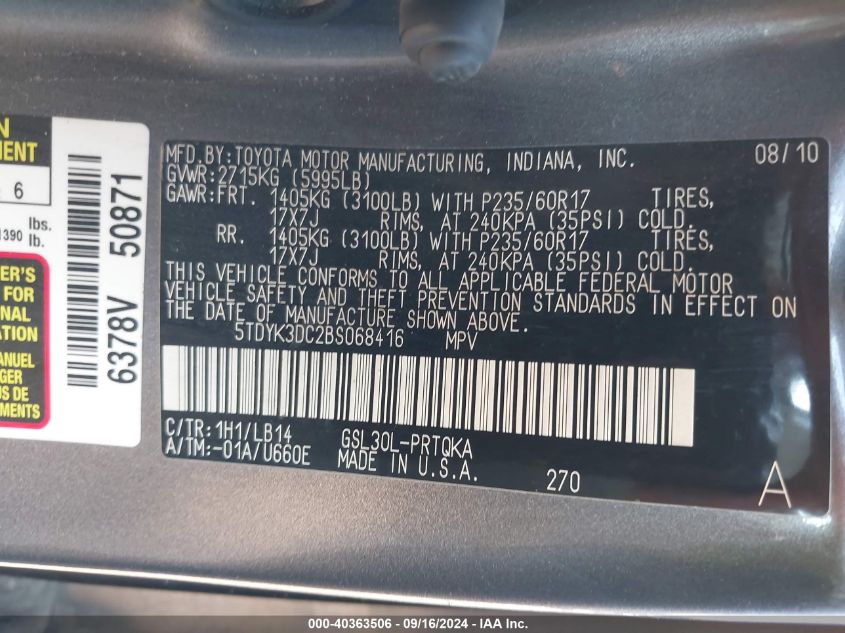 5TDYK3DC2BS068416 2011 Toyota Sienna Xle V6