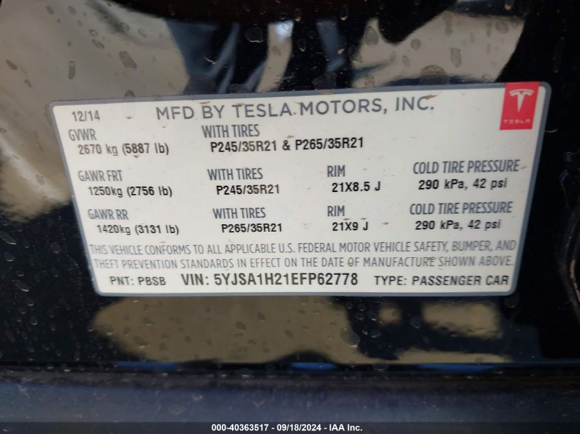 2014 Tesla Model S P85D VIN: 5YJSA1H21EFP62778 Lot: 40363517